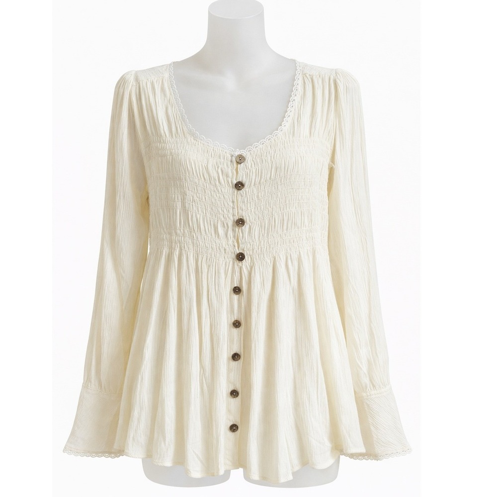 Peplum Blouse Amber Sky Cream Smocked Crinkle Gauze  Lace Trim Button Front L